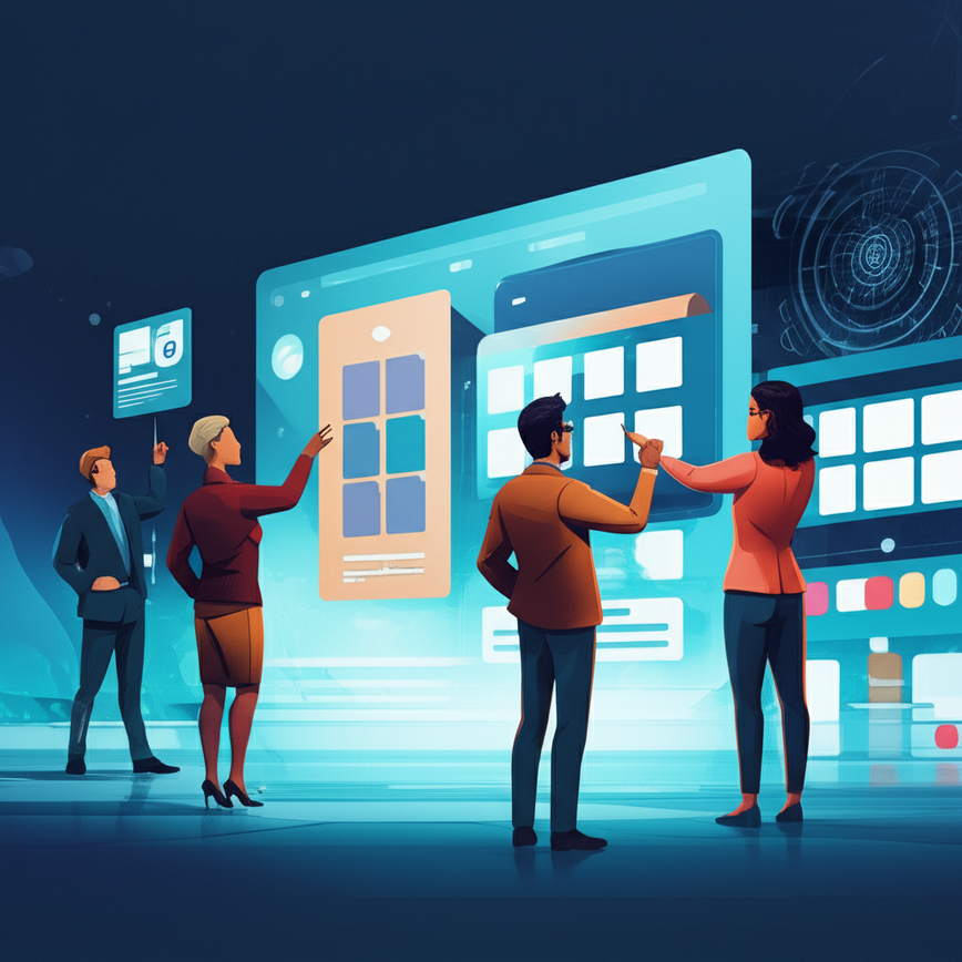 Low-code revolution! Diverse team builds apps visually, shaping the future.