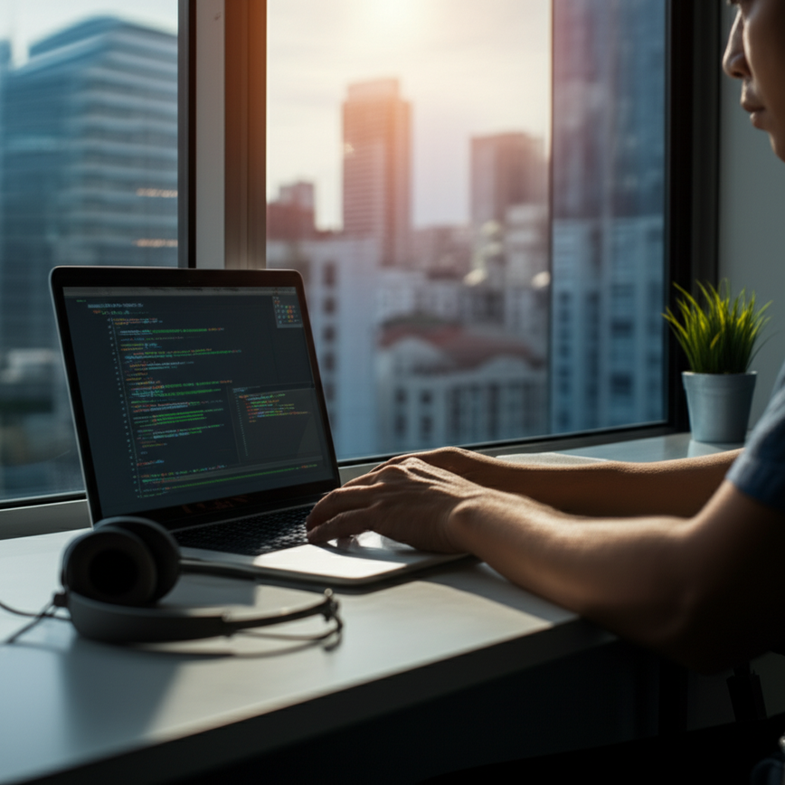 Remote developer enjoys cityscape, coding with work-life balance.