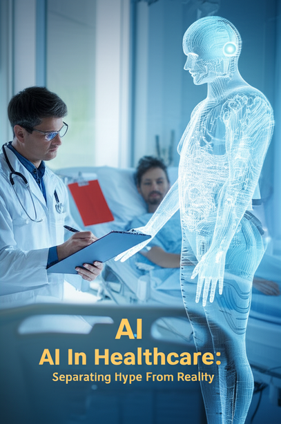 AI in Healthcare: Hype vs Reality. Glitching AI doctor assists human, highlighting AI's limitations.